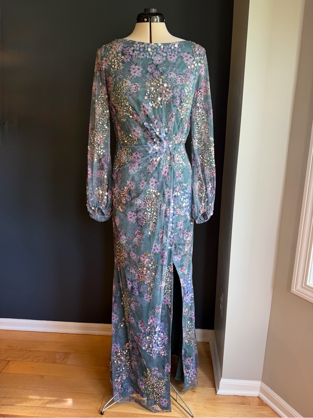Mac Duggal Embellished Illusion Long Sleeve Faux Wrap Gown